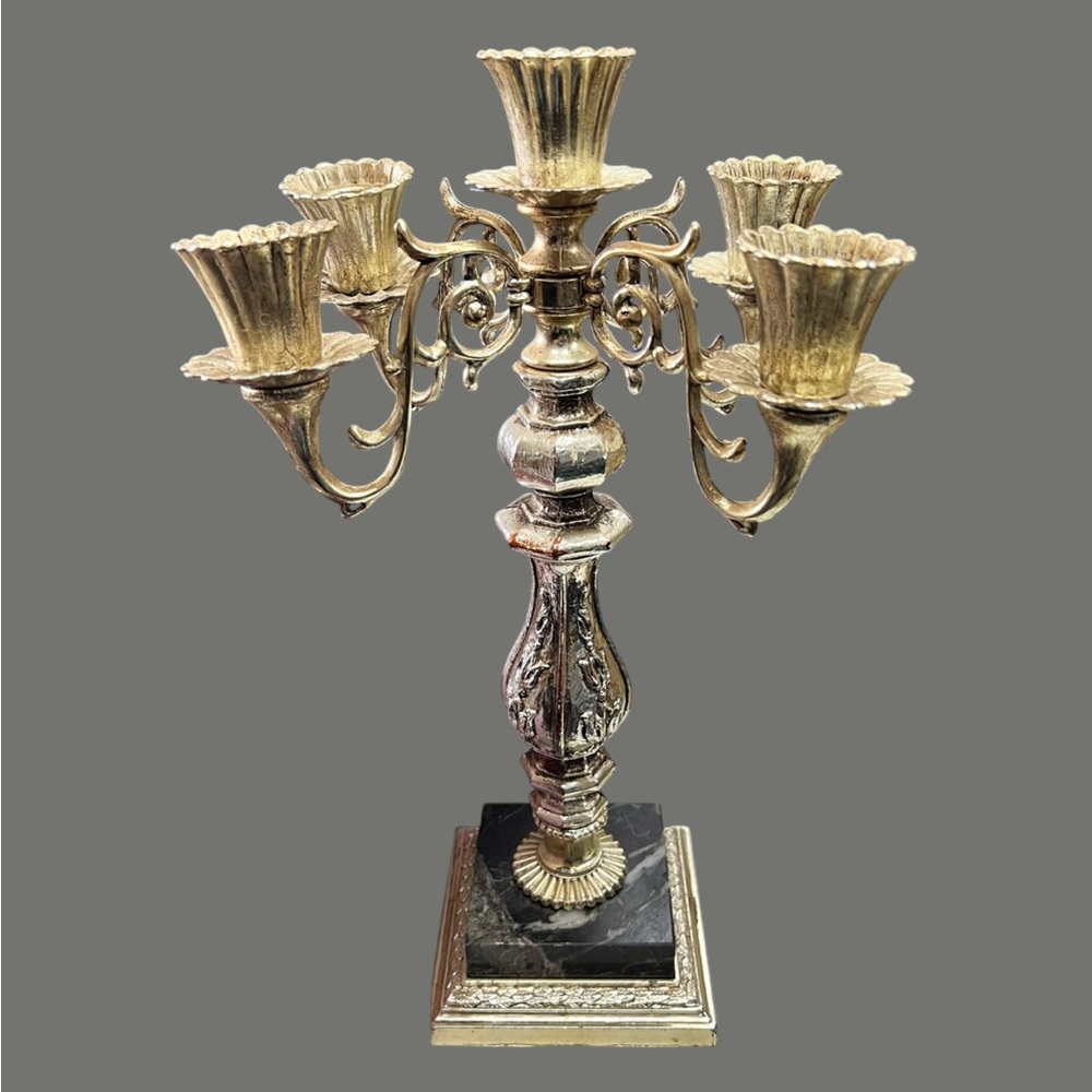 Vintage Dilly USA Metal Marble Candelabra Hollywood Regency 5 Candle